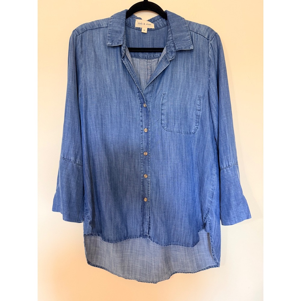 Cloth & Stone Womens Blue 100% Tencel Button Down Shirt High Low Hem Size M